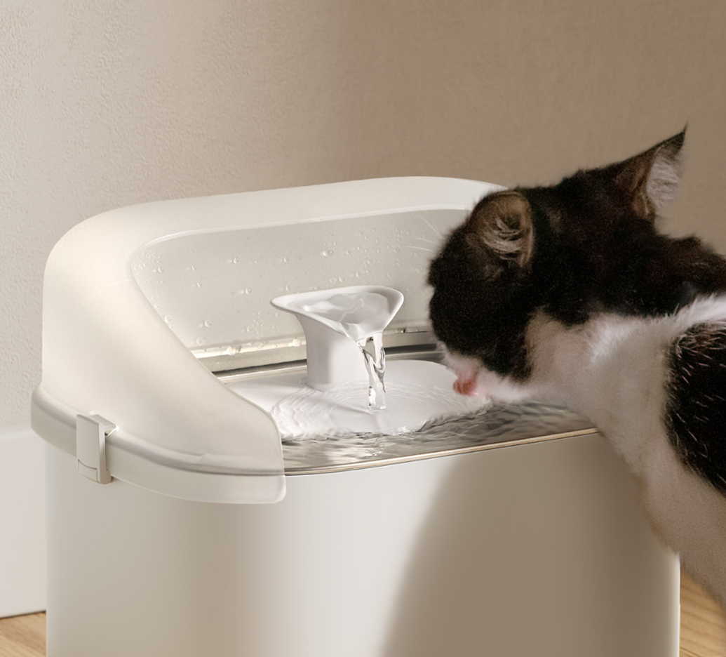 Petlibro automatic pet water fountain with sleek white design, featuring a flowing spout and a cat drinking.