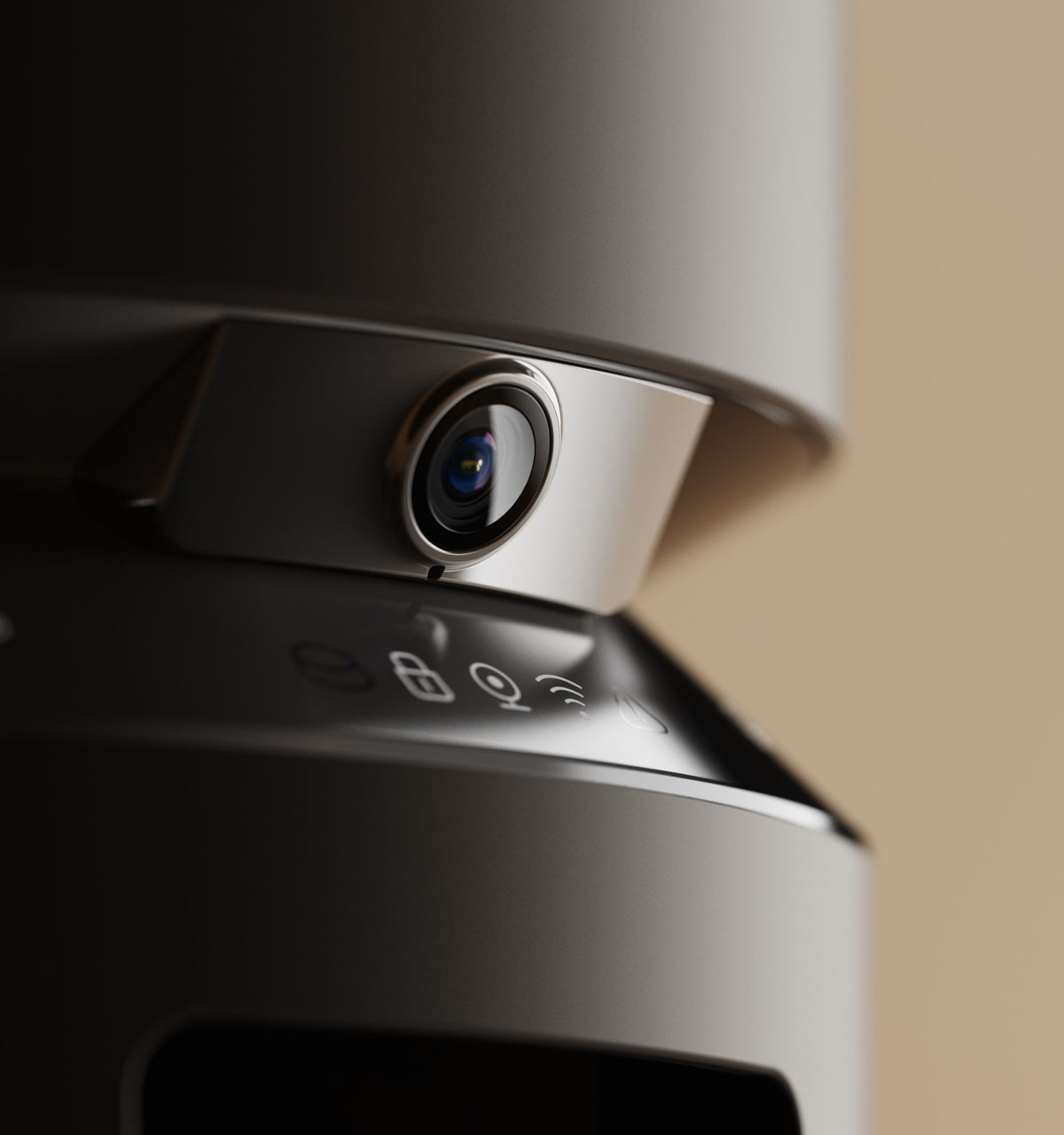 Petlibro close-up of a sleek gray pet camera with a wide-angle lens and touch control panel for monitoring pets remotely