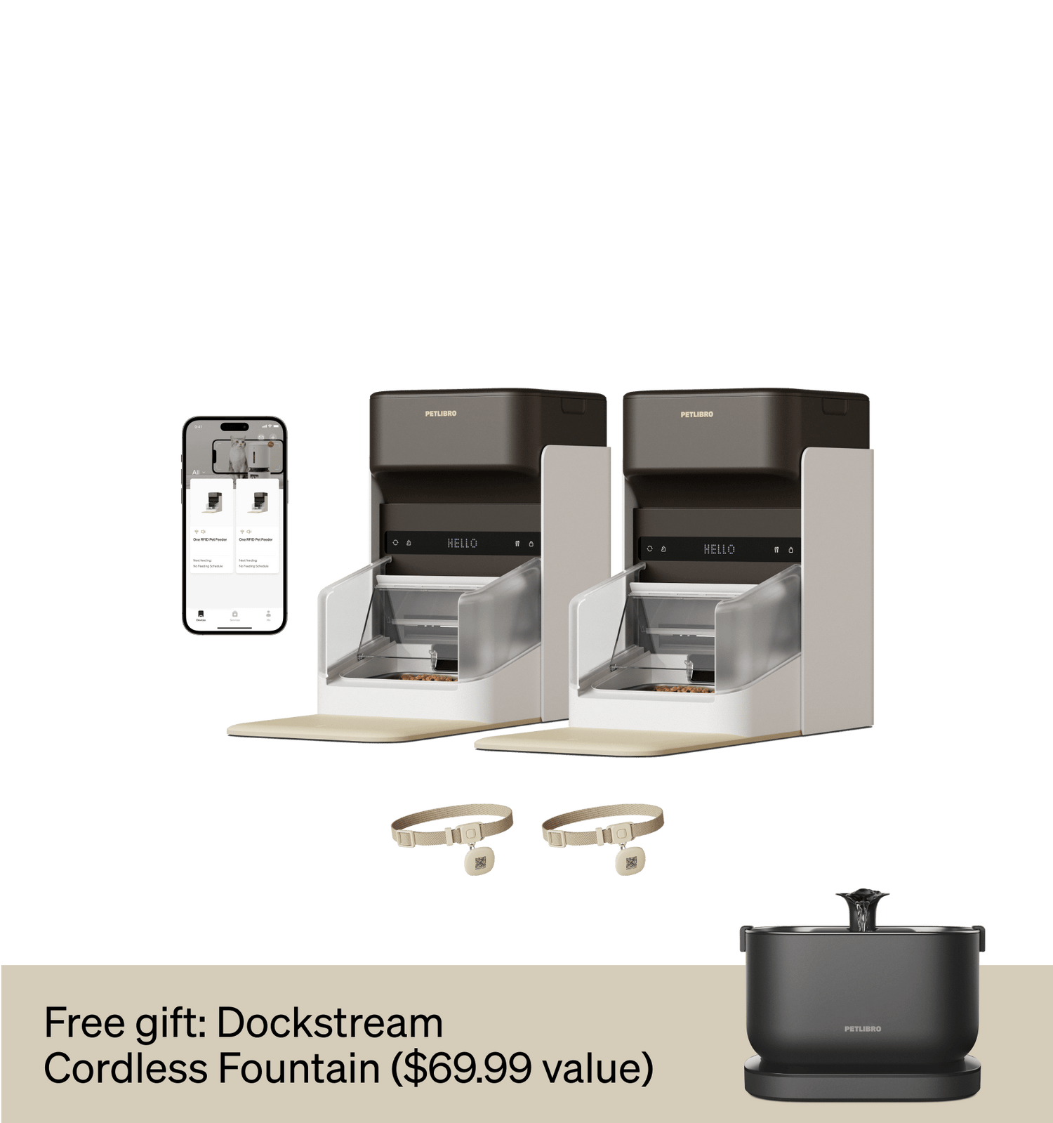 Petlibro automatic pet feeder duo in beige with smartphone app control, includes free Dockstream cordless fountain.