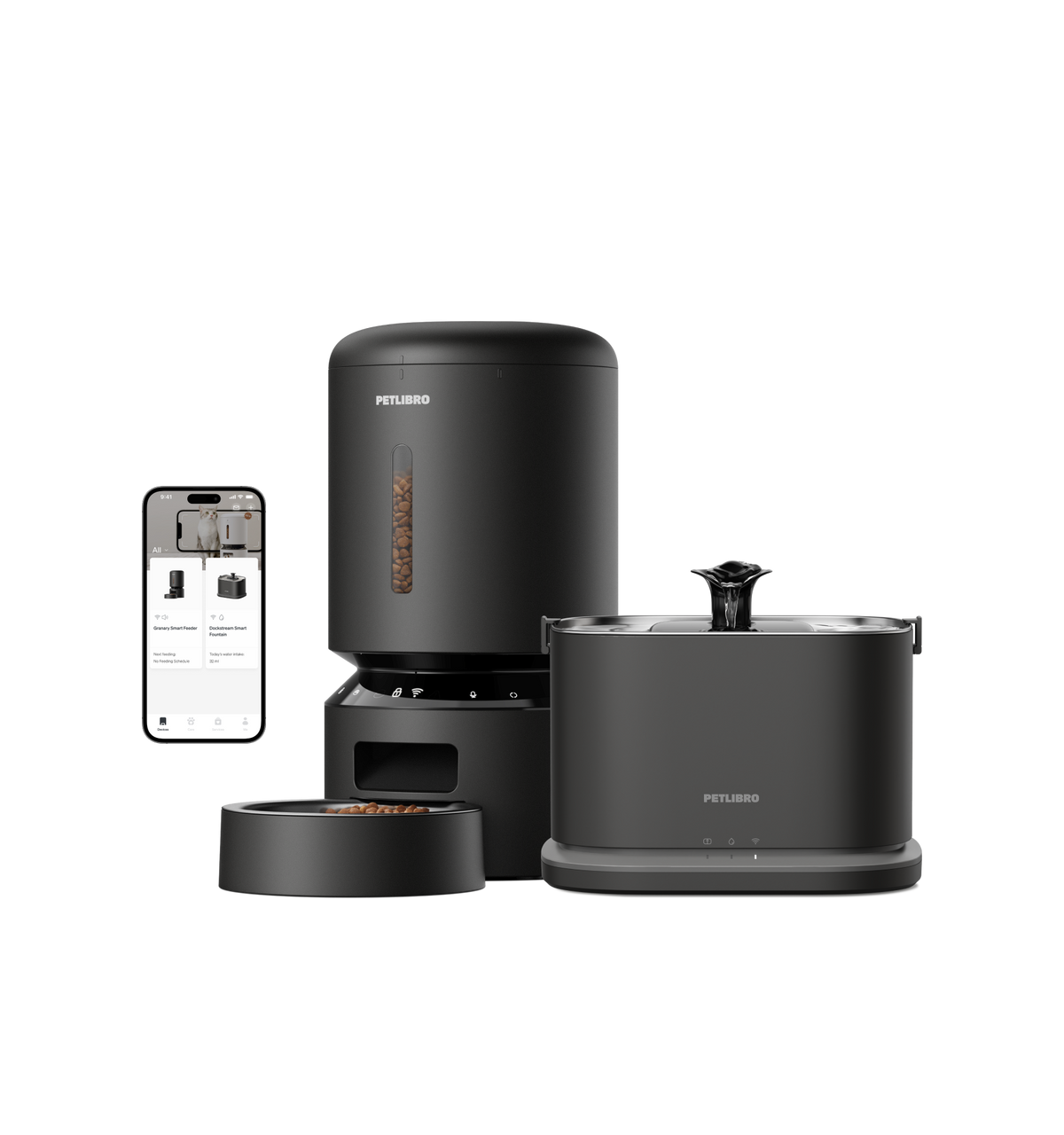 Petlibro PETLIBRO pet fountain and smart cat feeder set in black, with app control phone screen and water spout bowl