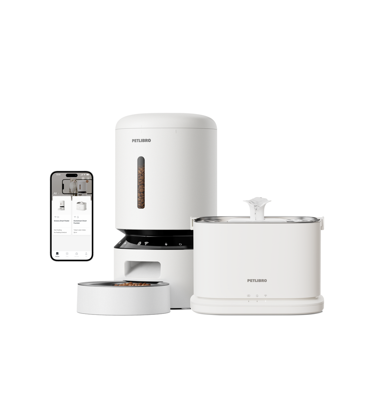 Petlibro PETLIBRO pet fountain and smart feeder set in white, with app control shown on phone, for cat hydration and feeding