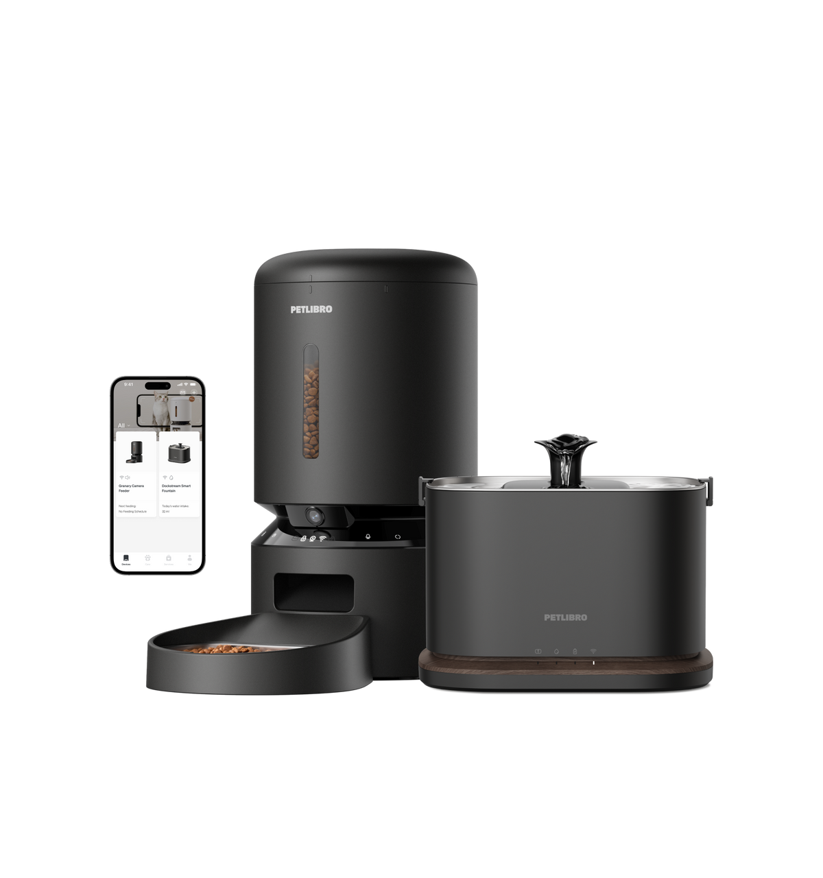 Petlibro PETLIBRO pet fountain for cat, black water fountain with app-controlled feeder and kibble bowl set on black background