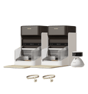Petlibro dual automatic pet feeders in white and black with transparent food compartments, includes two collars and a smart camera.