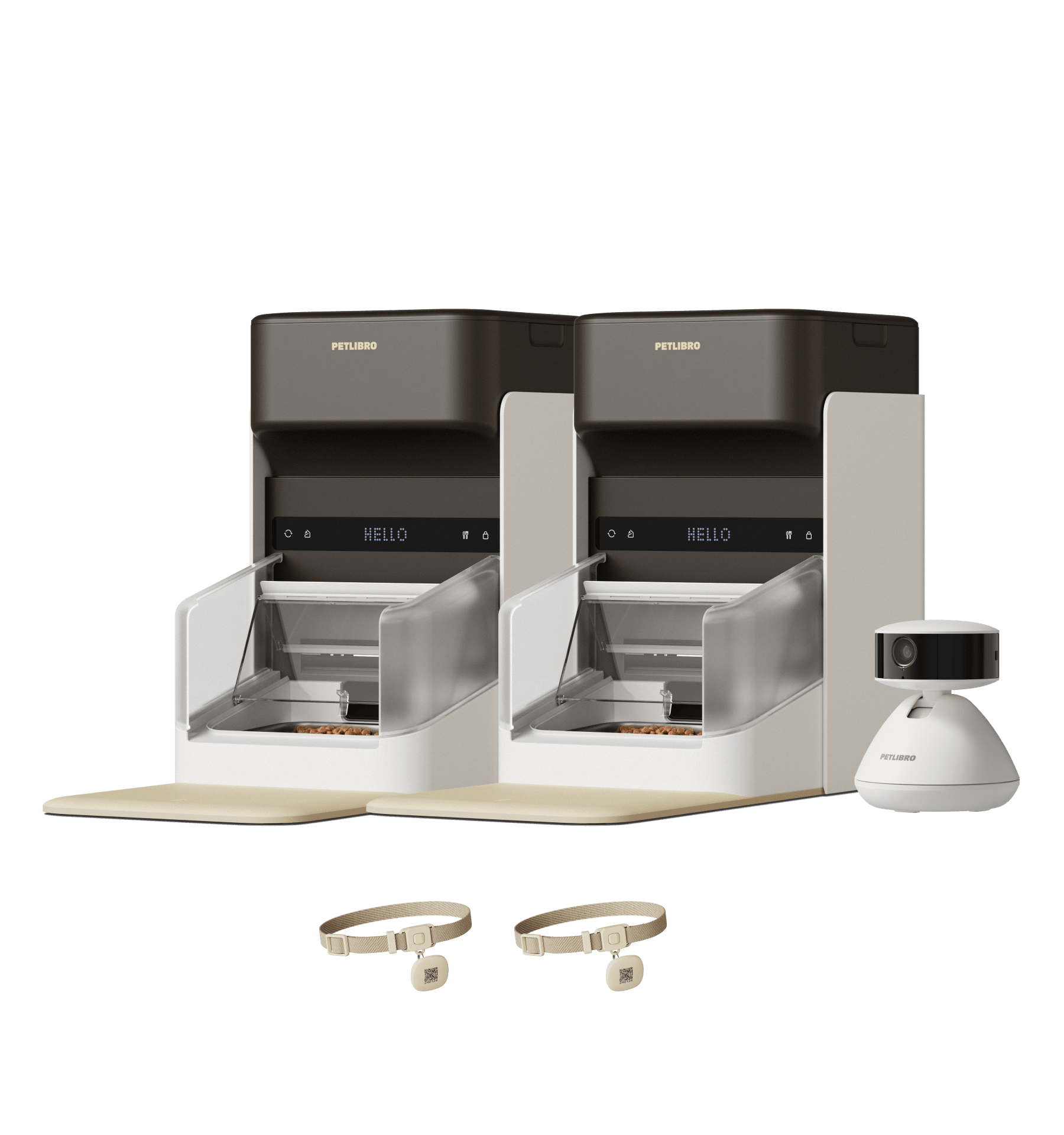Petlibro dual automatic pet feeders in white and black with transparent food compartments, includes two collars and a smart camera.