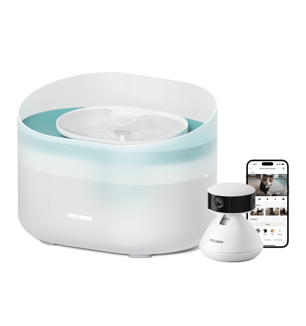 Petlibro litter box, white self cleaning self clean unit with odor control, shown with smart camera and app screen monitoring cat