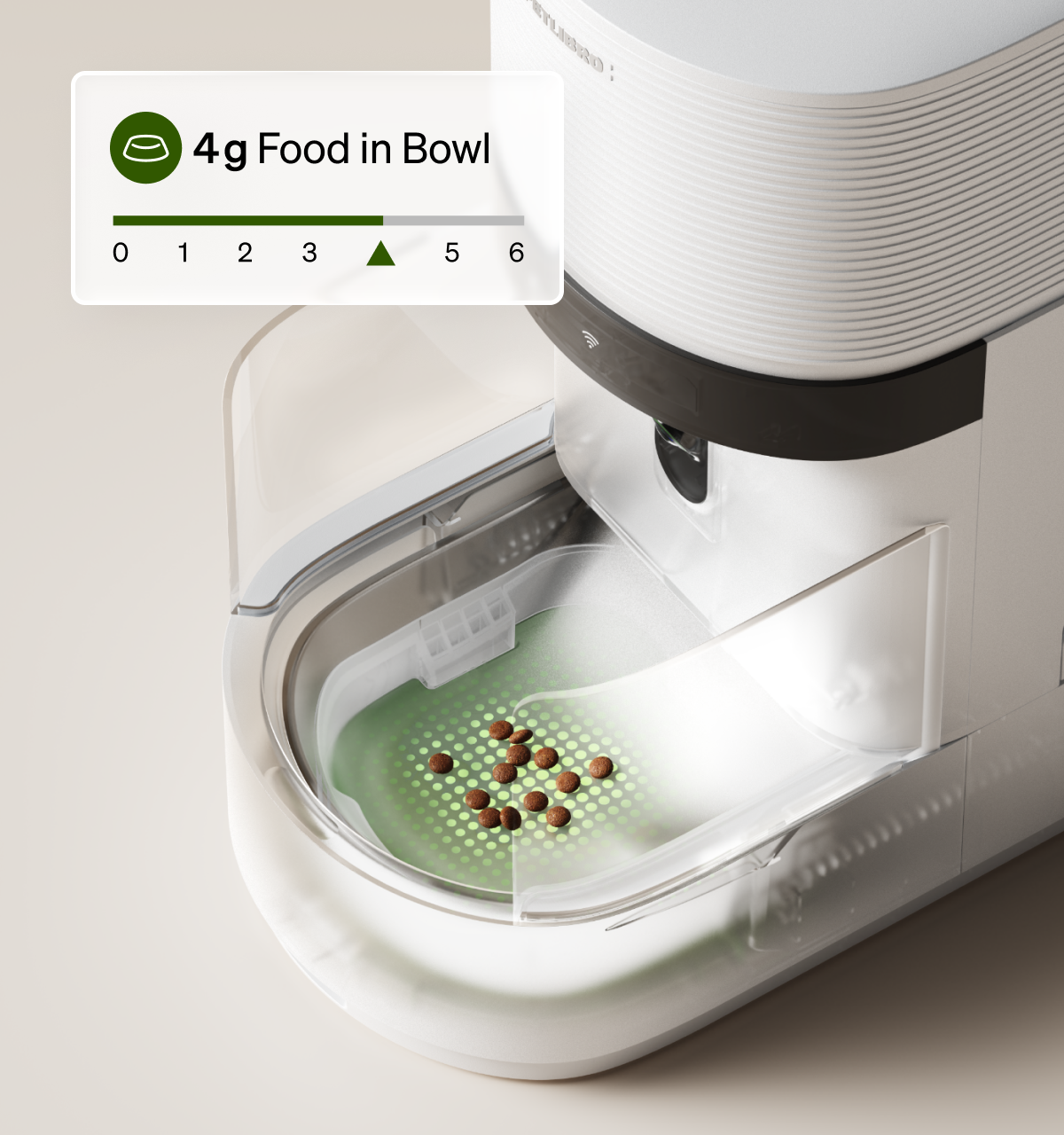 Petlibro smart cat feeder with camera showing 4g food in bowl, portion control proof of feeding; reliable wifi cat feeder PDP Blog Guide FAQ Comparison