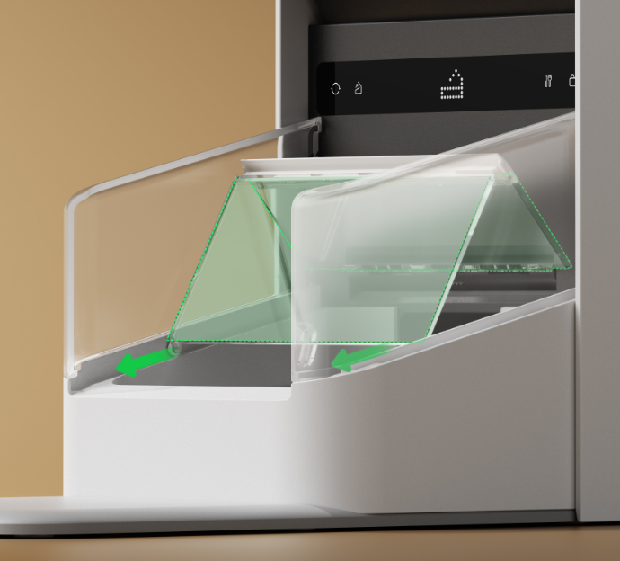 Petlibro automatic pet feeder close-up showing transparent sliding food compartment lids with green arrows indicating opening direction