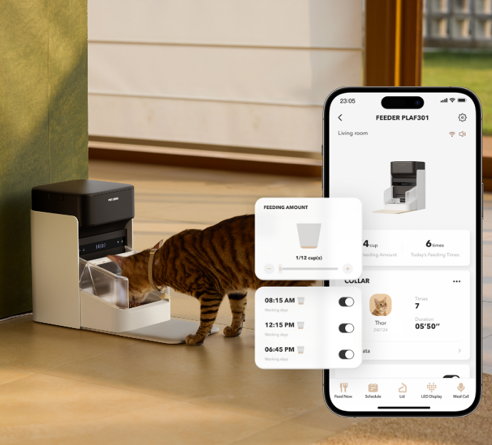 Petlibro automatic pet feeder in black and white with a Bengal cat eating, shown with mobile app interface for feeding control