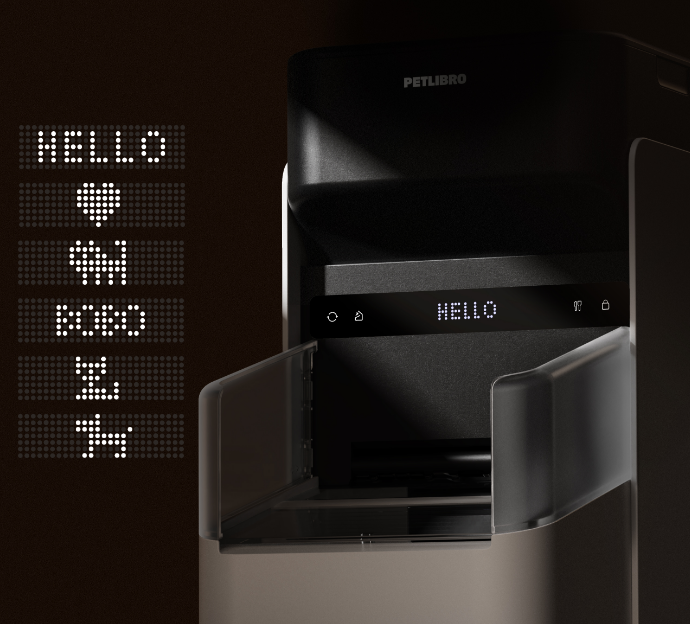 Petlibro automatic pet feeder in black with digital LED display and open food tray for portion control