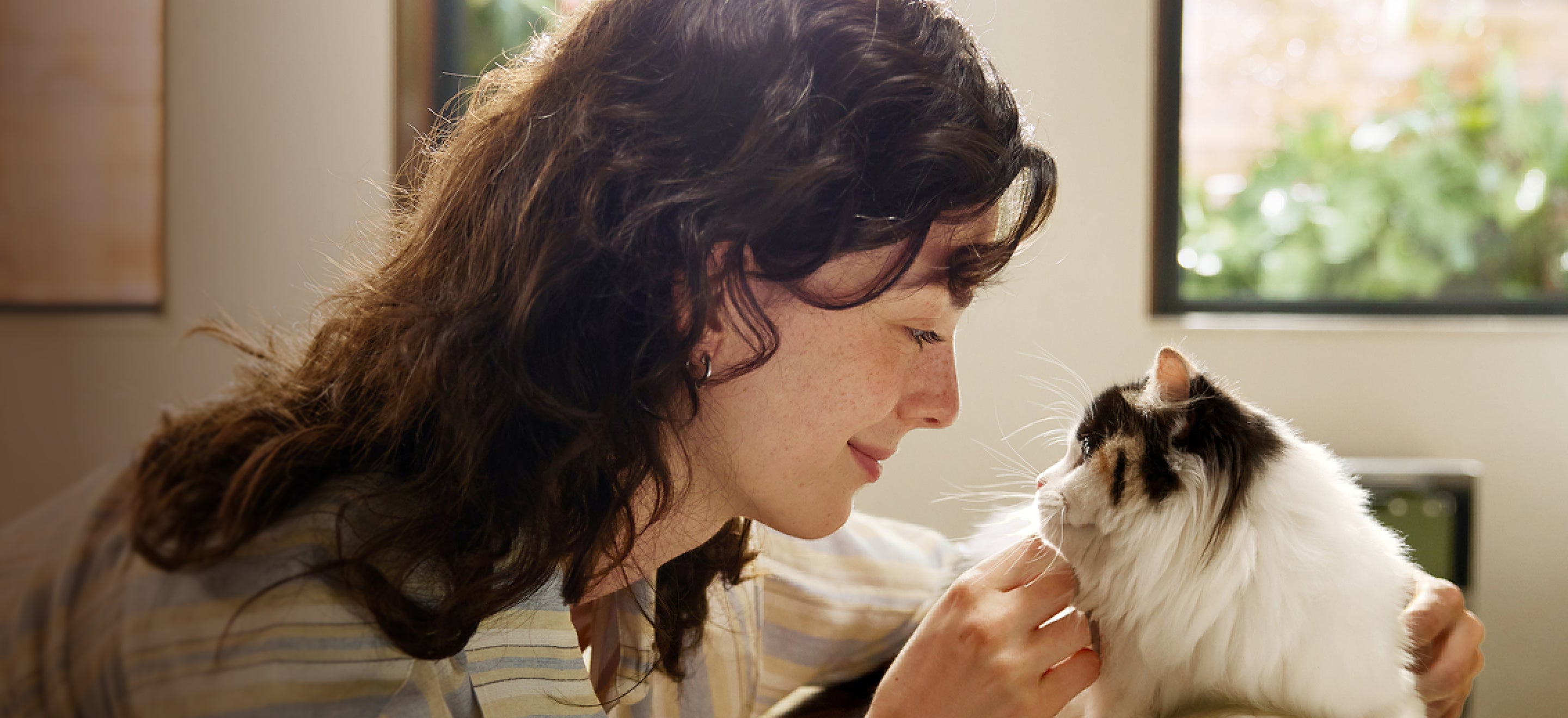 Petlibro Blog Guide PDP: woman cuddles white-and-black cat by window, for Proof of Feeding and portion control rfid cat feeder tips