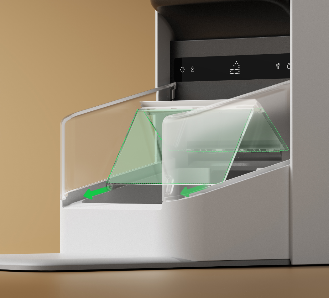 Petlibro automatic pet feeder close-up showing transparent sliding food compartment with green arrows indicating movement direction