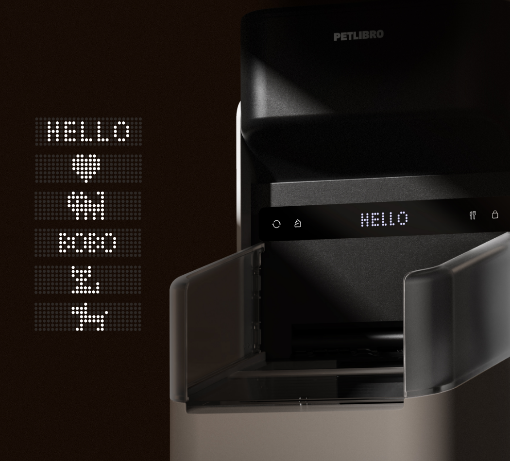 Petlibro automatic pet feeder in black with digital LED display and transparent food compartment door open