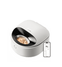 Petlibro smart automatic wet pet feeder in white with stainless steel bowl and mobile app control displayed on smartphone