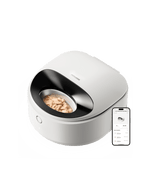 Petlibro smart automatic wet pet feeder in white with stainless steel bowl and mobile app control displayed on smartphone