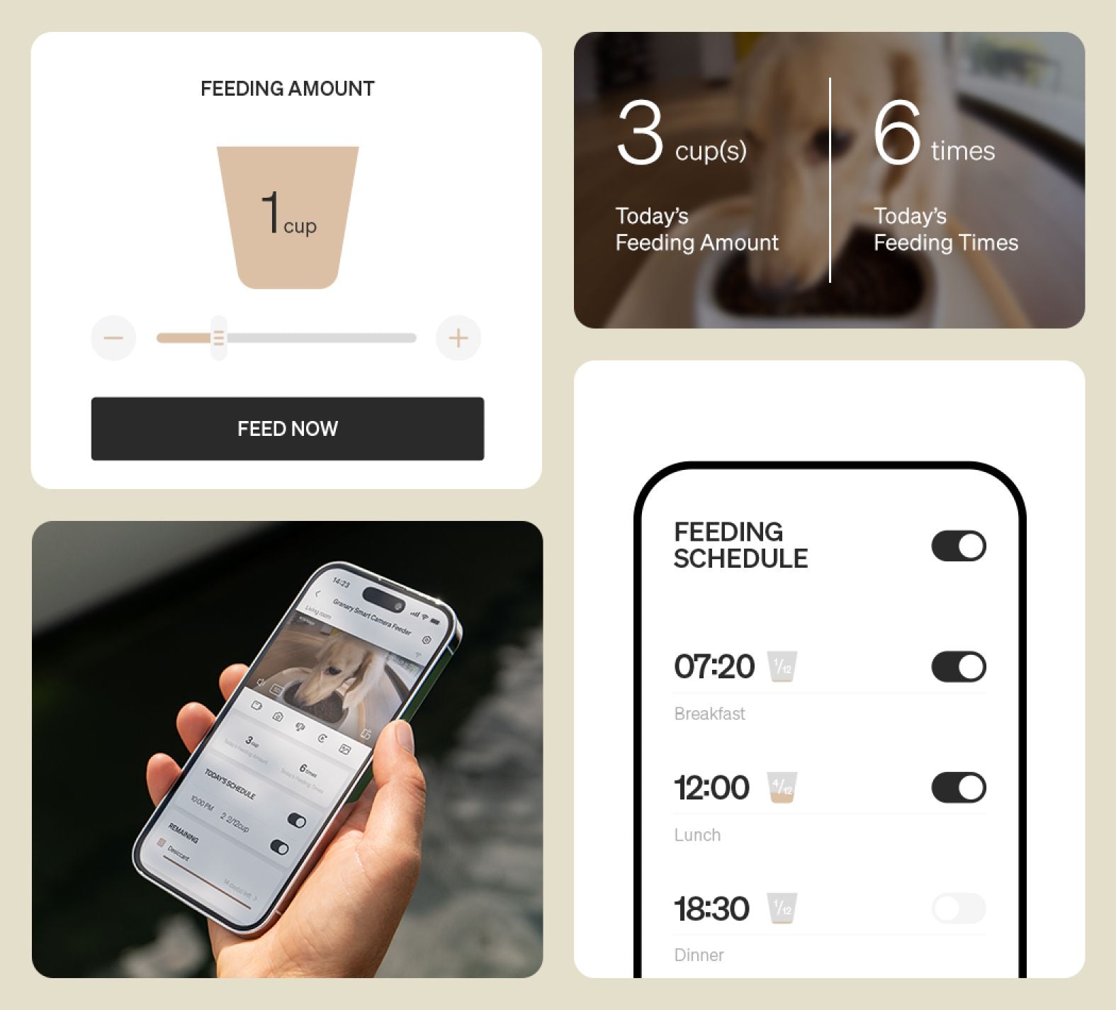 Petlibro smart pet feeder app interface showing feeding amount, schedule, and remote control features with a dog eating in the background.