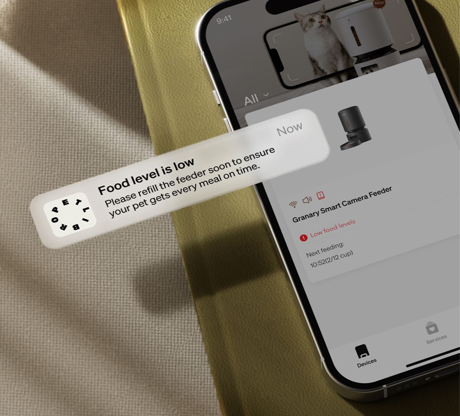 Petlibro smartphone app notification showing low food level alert for Granary Smart Camera Feeder with feeding schedule details