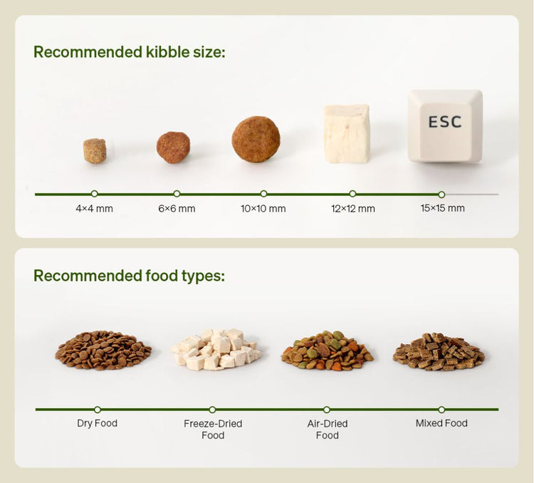 Petlibro infographic showing recommended kibble sizes from 4x4mm to 15x15mm and suitable pet food types including dry, freeze-dried, air-dried, and mixed food