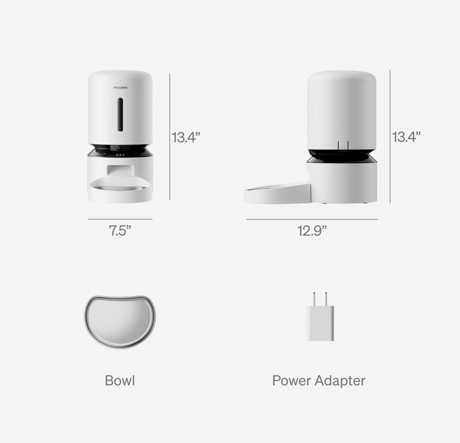 Petlibro automatic pet feeder in white with bowl and power adapter, showing front and side dimensions 13.4" height, 7.5" width, 12.9" depth