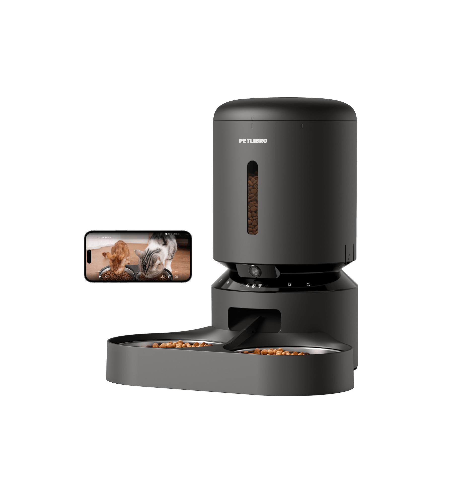 Petlibro automatic dual pet feeder in black with camera and smartphone monitoring showing two cats eating