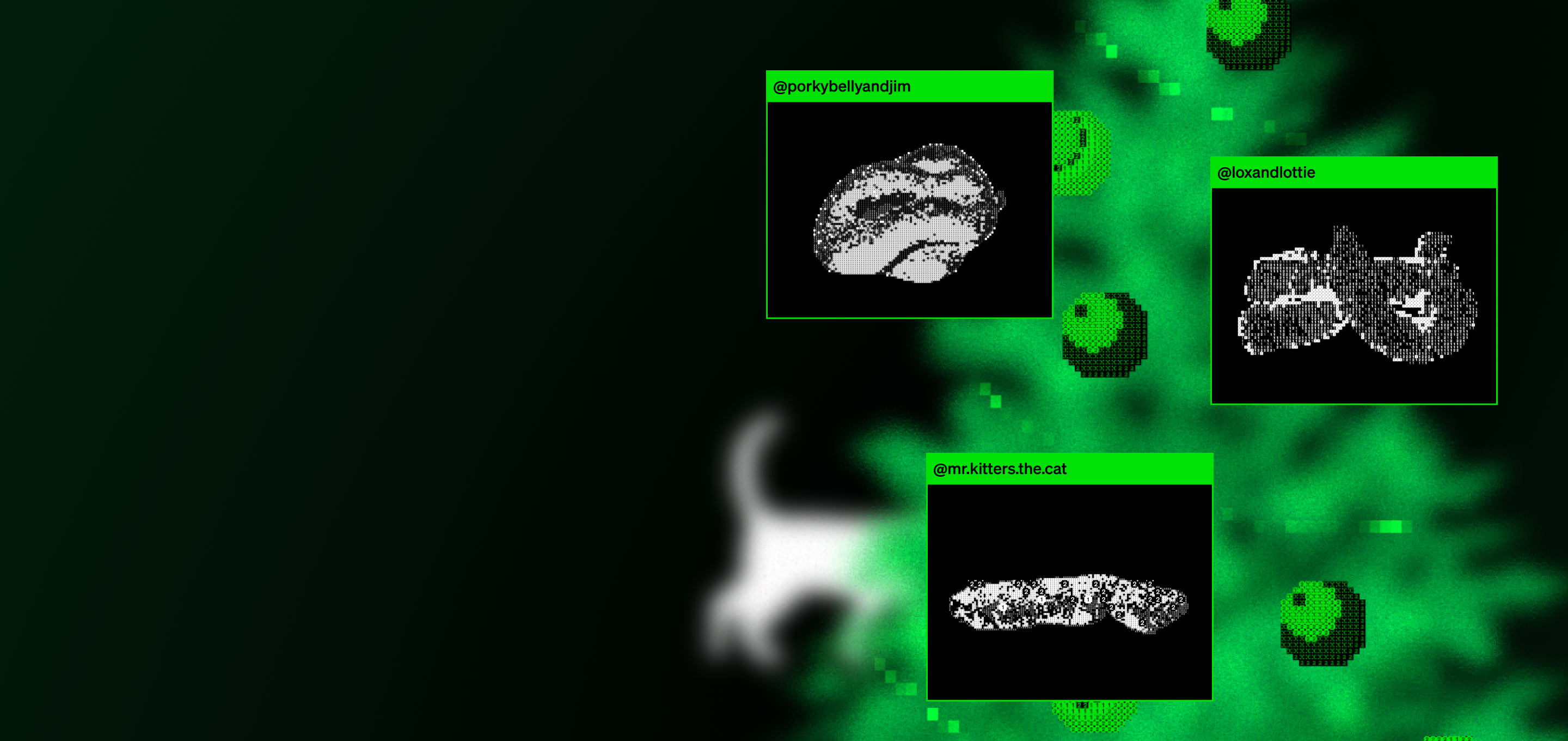 Petlibro digital art display featuring pixelated black and white animal images with neon green accents on a dark background