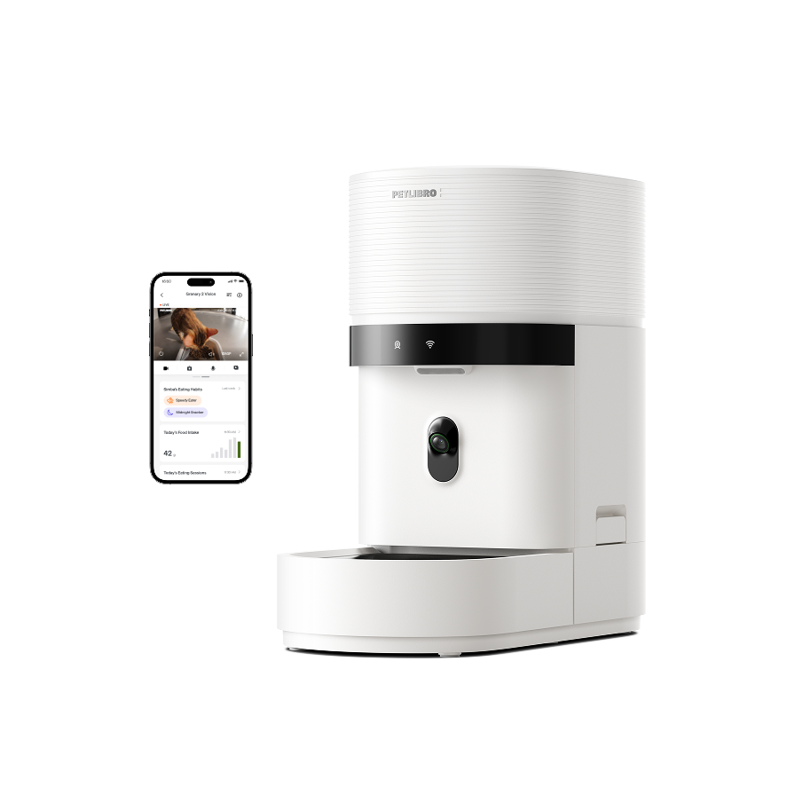 Petlibro white smart cat feeder with camera and WiFi app, pet feeder for multiple cats, rfid cat feeder, portion control proof of feeding.
