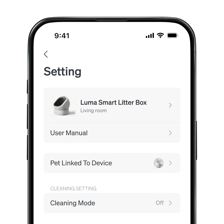 Petlibro app interface showing settings for Luma Smart Litter Box with cleaning mode and pet linkage options