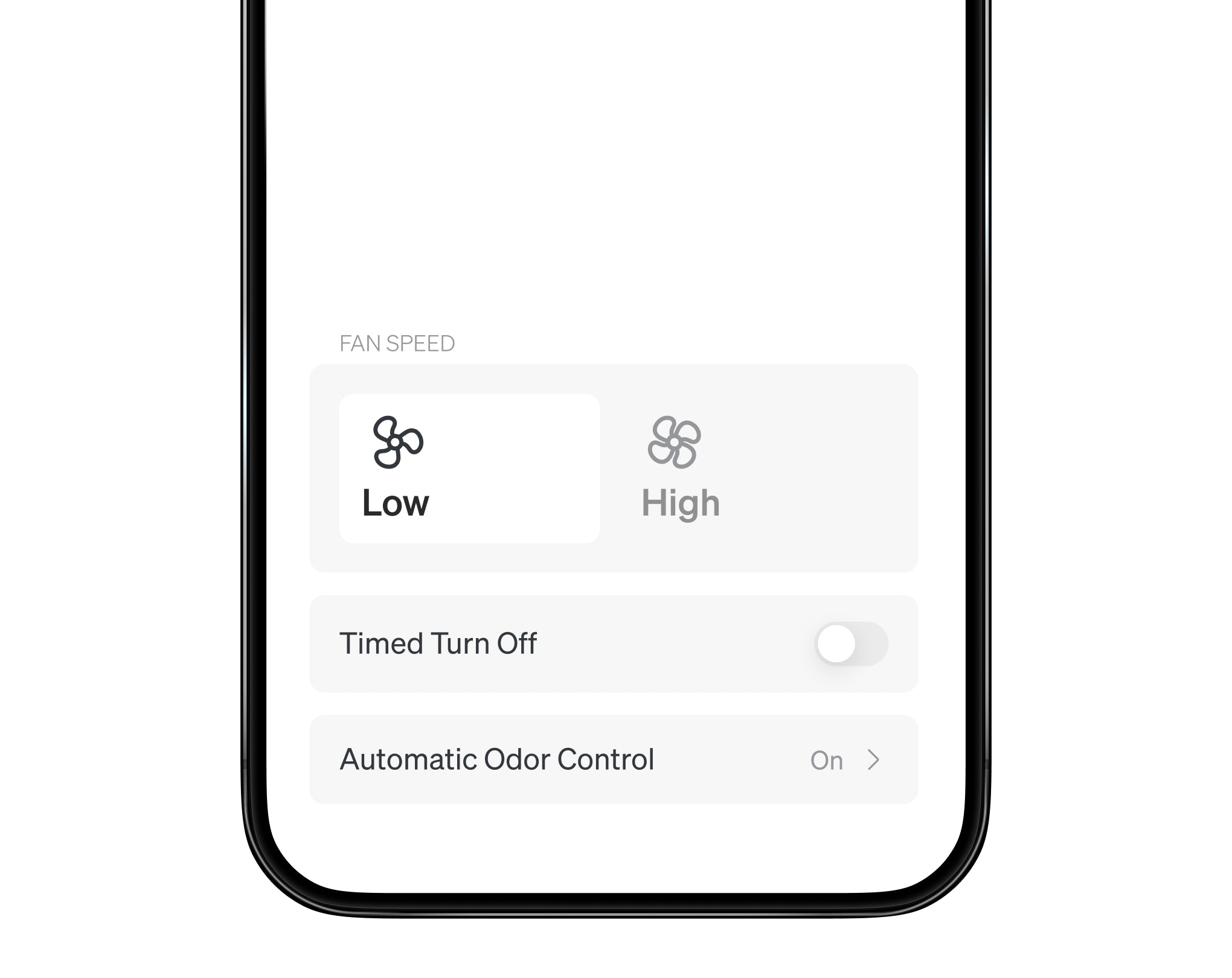 Petlibro app interface showing fan speed settings with low and high options, timed turn off toggle, and automatic odor control on
