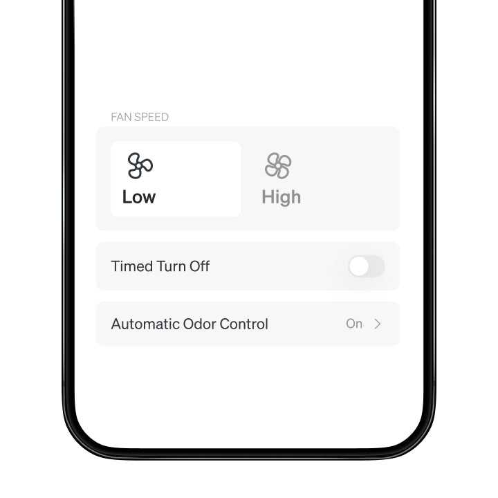 Petlibro app interface showing fan speed settings with low and high options, timed turn off toggle, and automatic odor control enabled