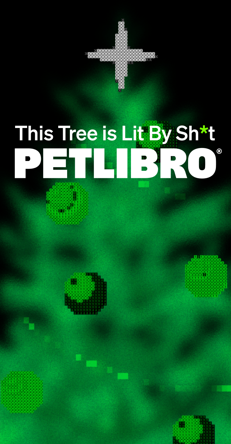 Petlibro promotional graphic with pixelated green Christmas tree and white text on black background