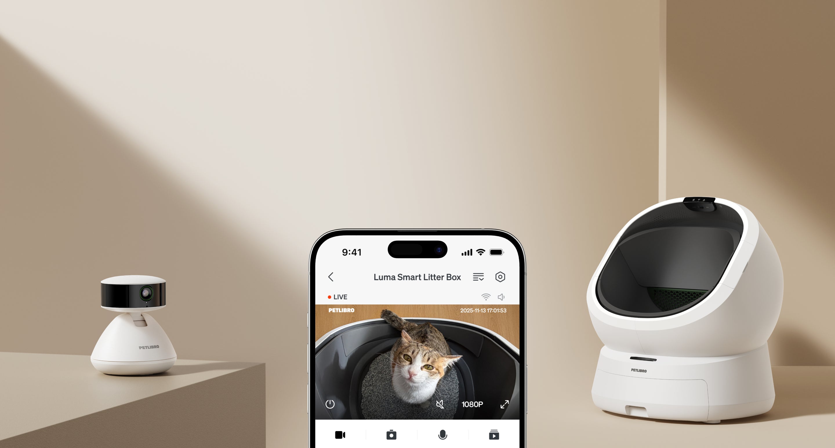 Petlibro smart litter box system with white automatic litter box, monitoring camera, and mobile app showing cat inside box