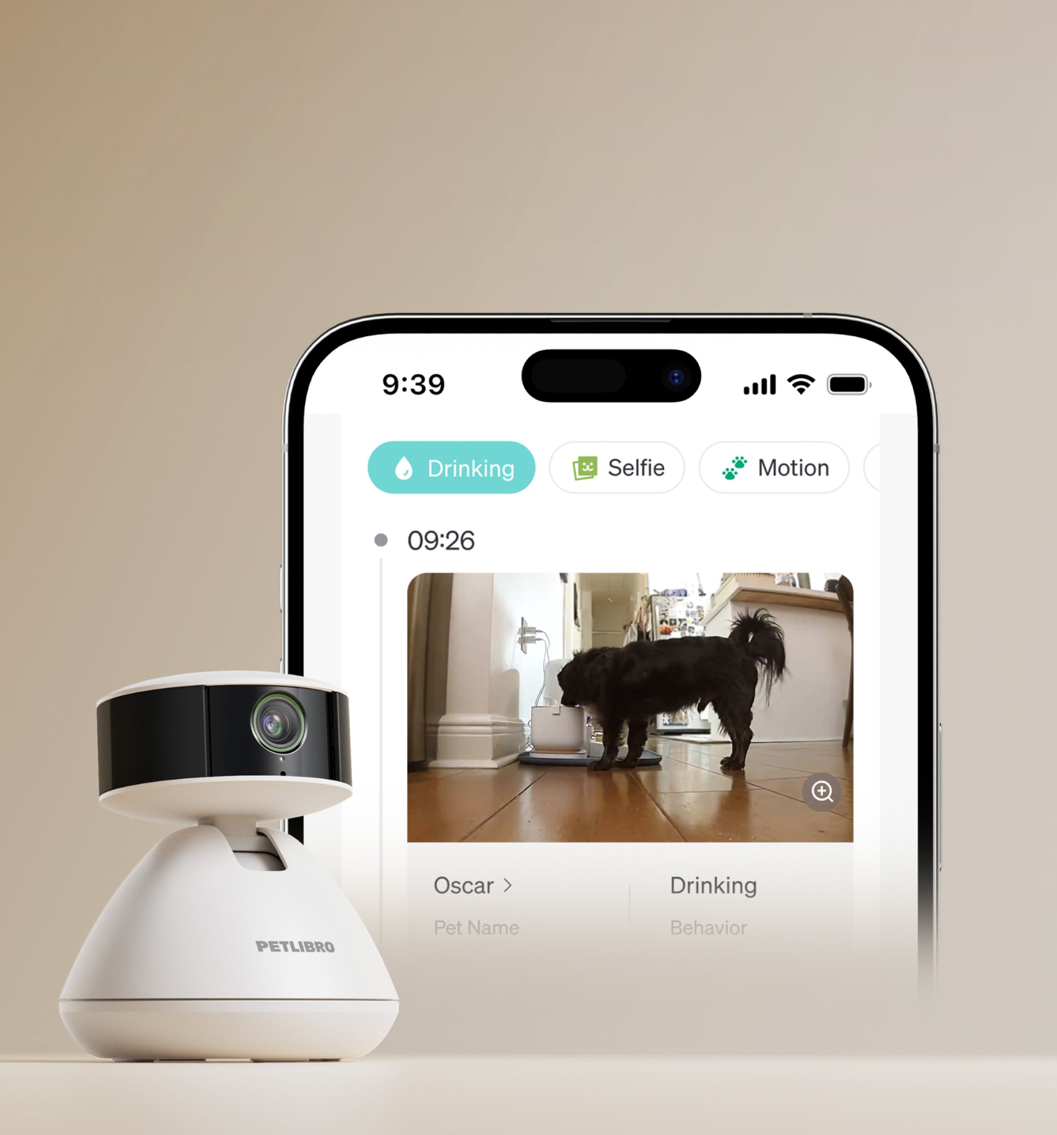 Petlibro pet monitoring camera in white with black lens, shown alongside a smartphone app displaying a dog drinking water.