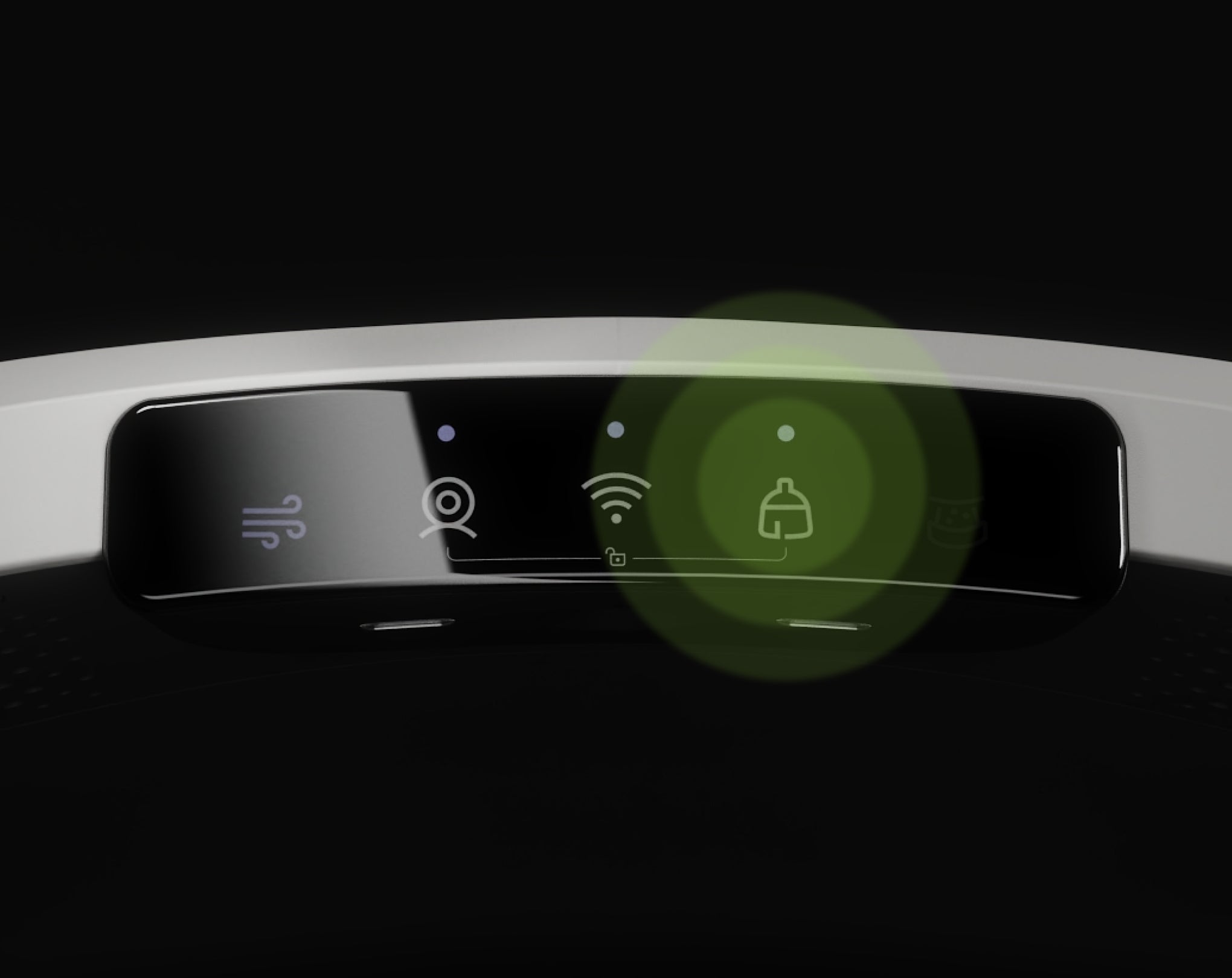 Petlibro close-up of black control panel with white icons for airflow, camera, Wi-Fi, and cleaning mode on device