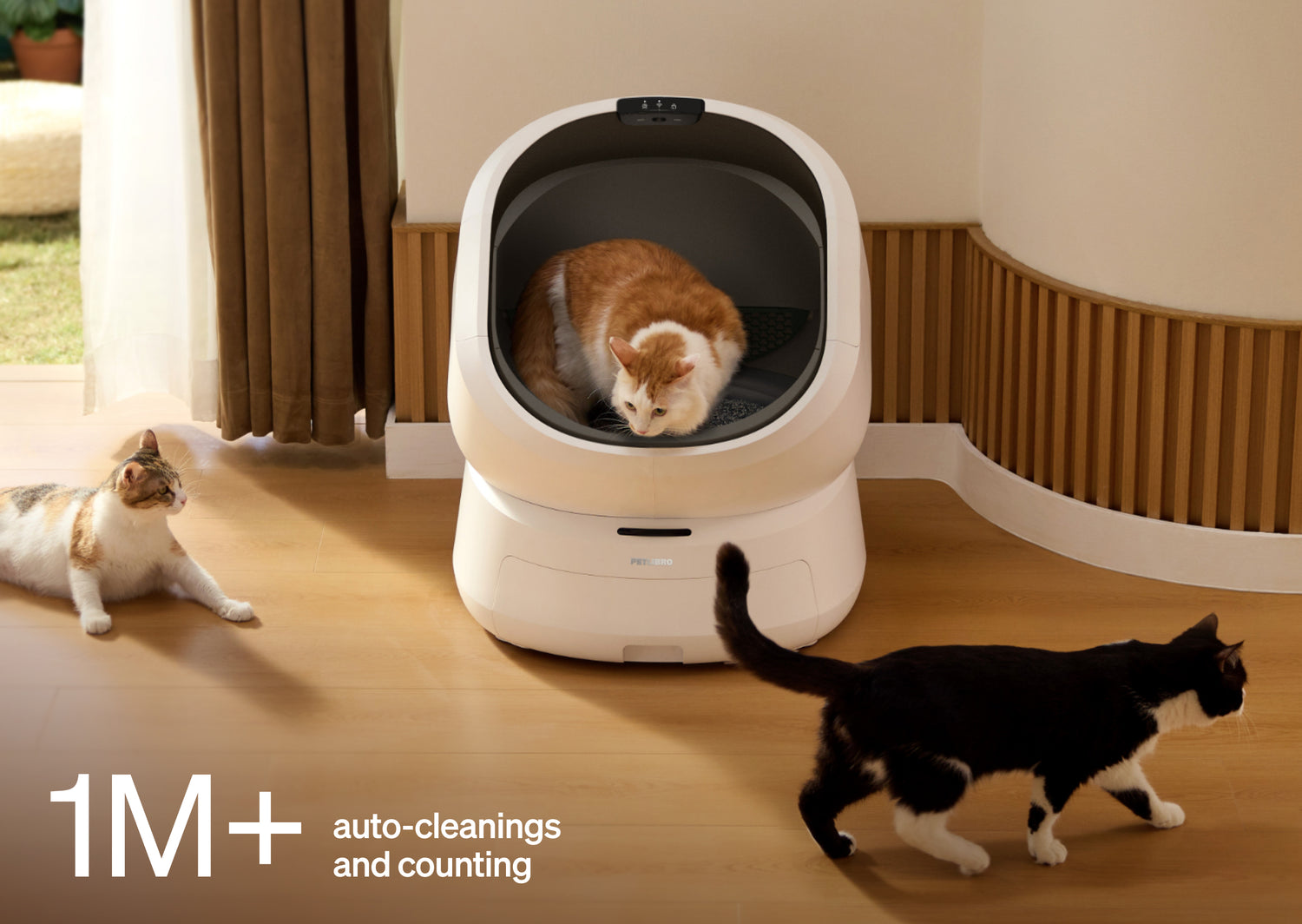 Petlibro Petlibro Luma odor control luma smart litter box, white automatic self cleaning cat litter box with cats nearby, litter box deodorizer