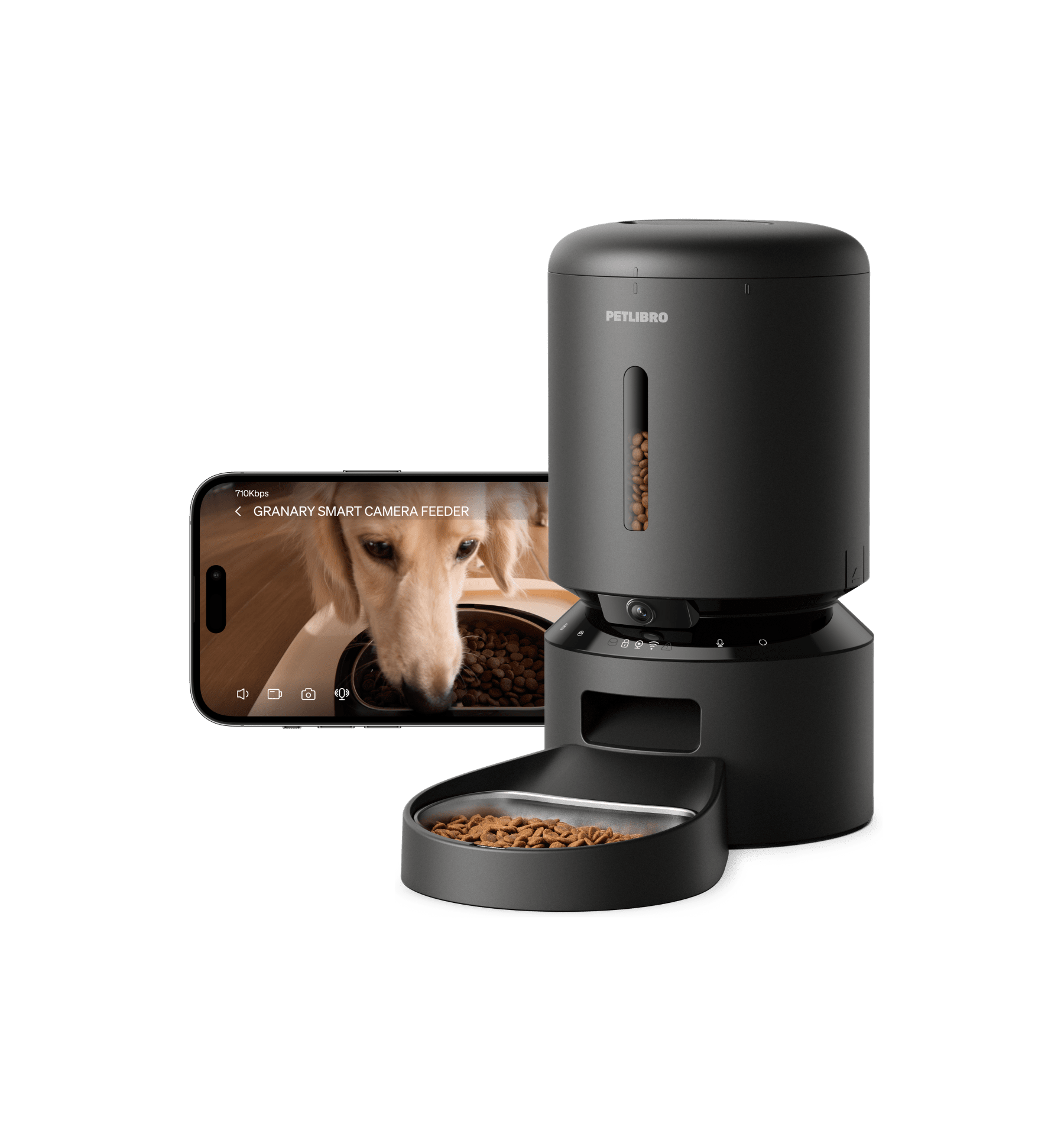 Petlibro black smart automatic pet feeder with camera and app showing a dog eating dry food