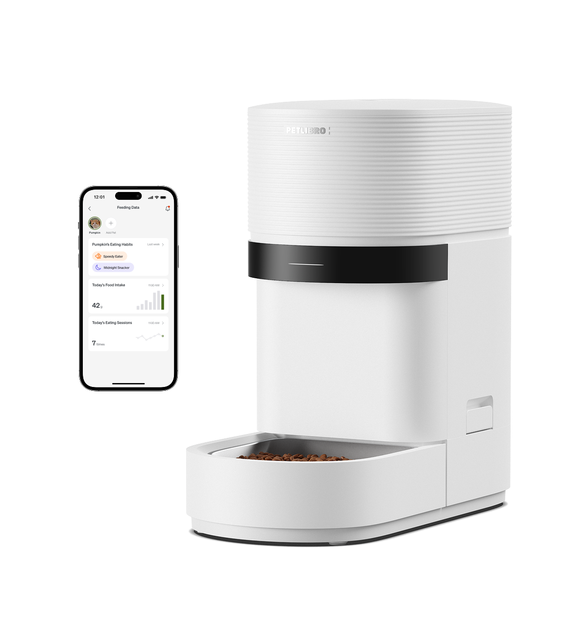 Petlibro pet feeder for multiple cats, white rfid cat feeder with bowl and app proof of feeding, cat feeder portion control, reliable wifi cat feeder with camera