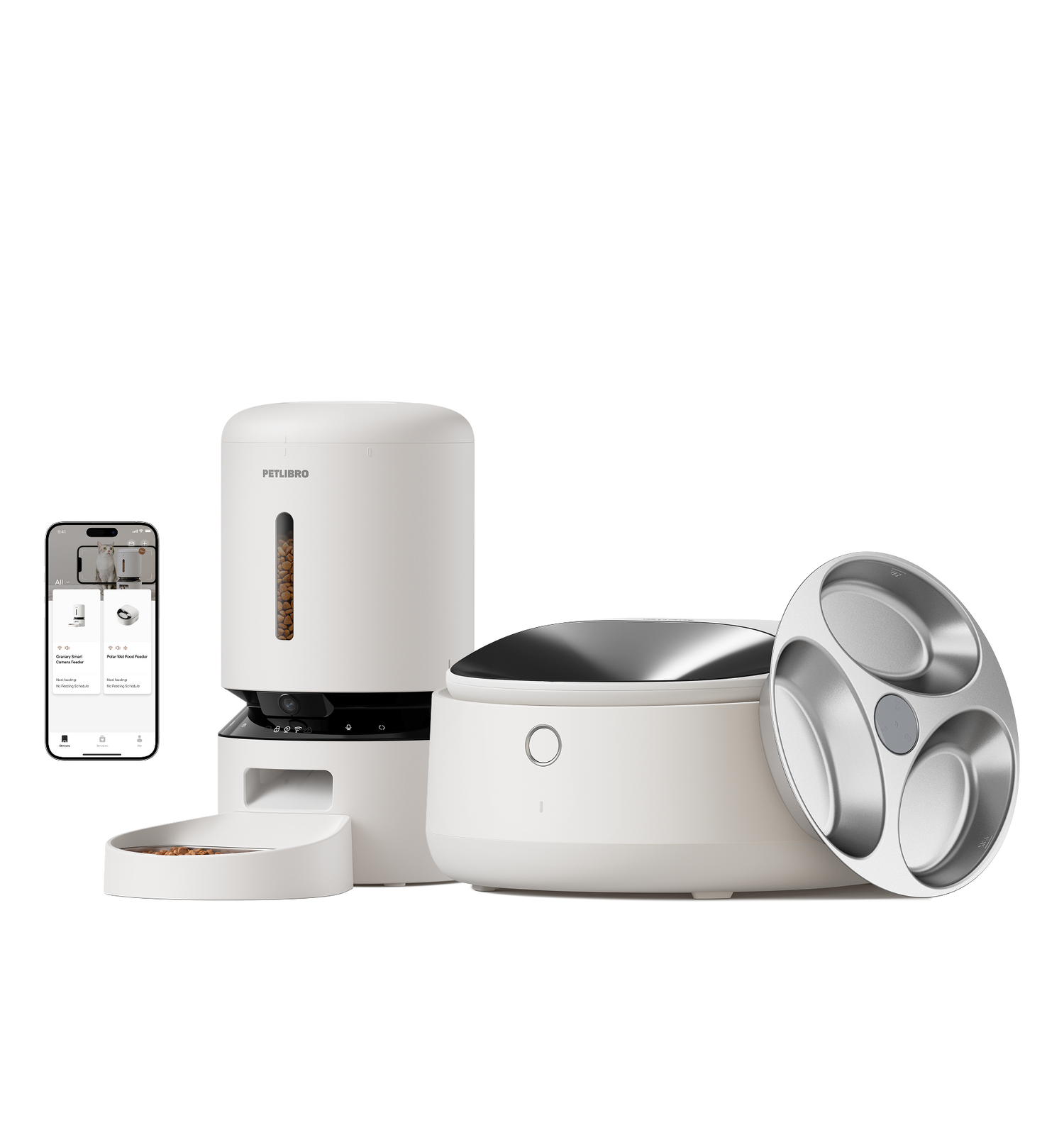 Petlibro PETLIBRO pet litter box and cat feeder set in white, with app-controlled smart devices and stainless bowl close-up