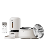 Petlibro PETLIBRO pet litter box and cat feeder set in white, with app-controlled smart devices and stainless bowl close-up