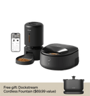 Petlibro automatic pet feeder and water fountain set, sleek black design, smartphone app integration.