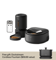 Petlibro automatic pet feeder and water fountain set, sleek black design, smartphone app integration.