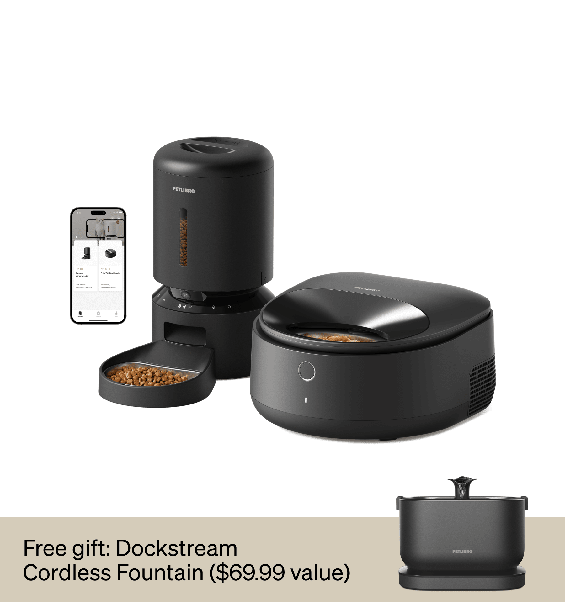 Petlibro automatic pet feeder and water fountain set, sleek black design, smartphone app integration.