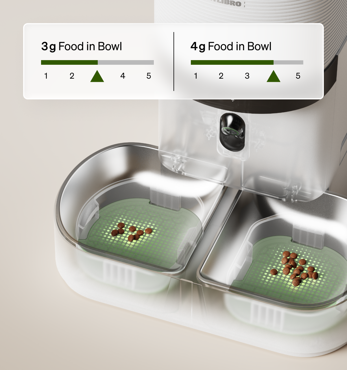 Petlibro rfid cat feeder, pet feeder for multiple cats with dual bowls showing 3g vs 4g portion control kibble levels