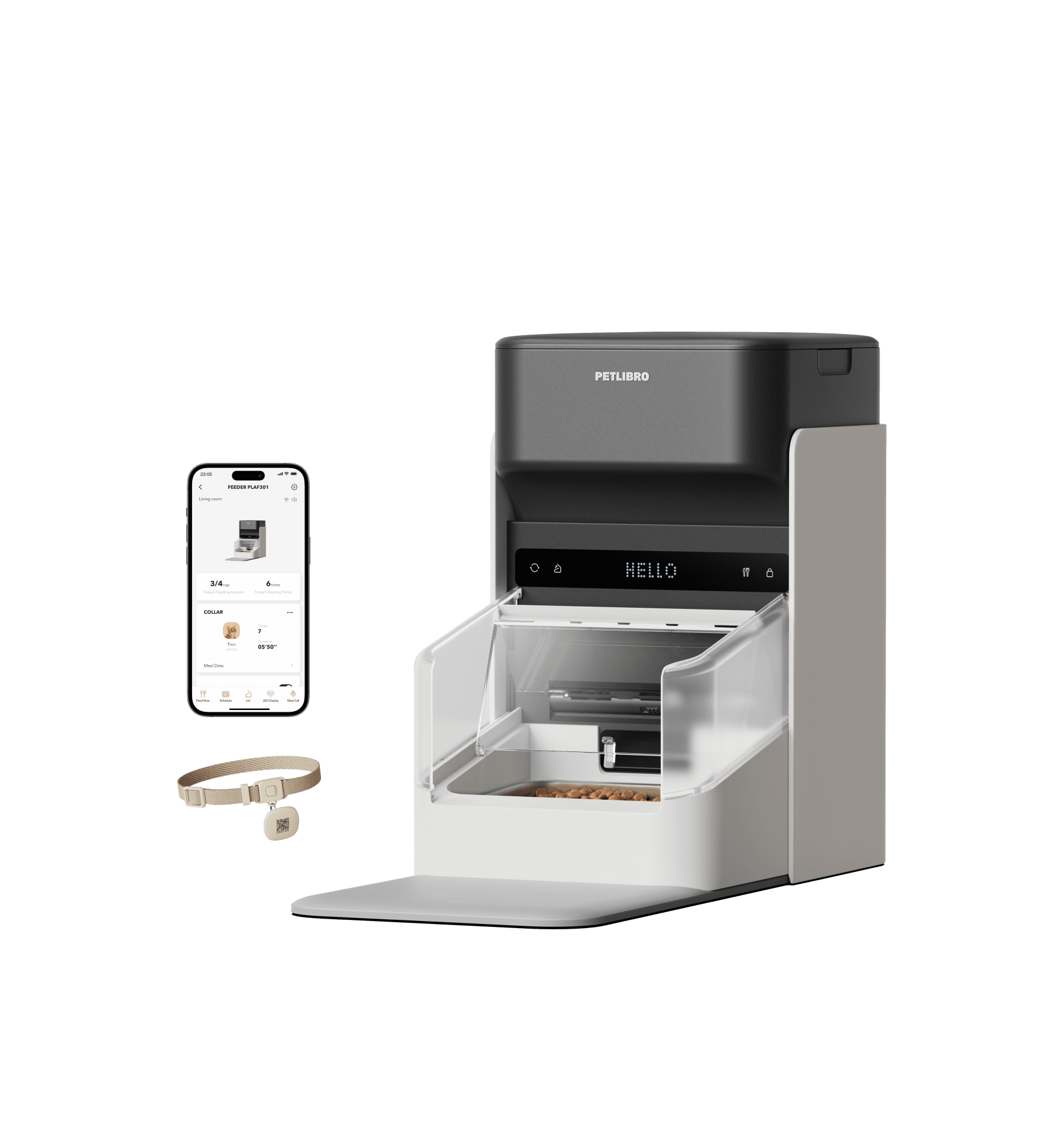 Petlibro smart automatic pet feeder in gray and white with transparent food compartment, paired with a mobile app and pet collar for feeding control