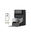Petlibro black automatic pet feeder with transparent food tray, smart collar, and mobile app control display showing feeding schedule