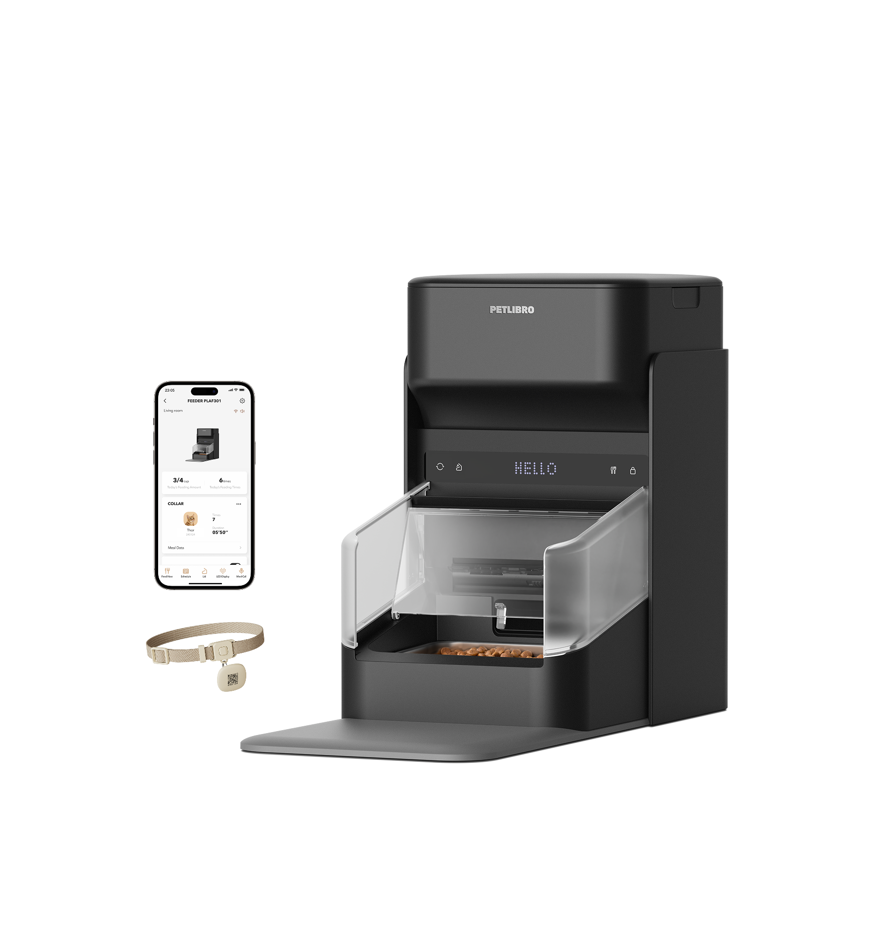 Petlibro black automatic pet feeder with transparent food tray, smart collar, and mobile app control display showing feeding schedule