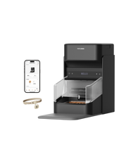 Petlibro smart automatic pet feeder in black with transparent food tray, mobile app control, and pet collar tracker