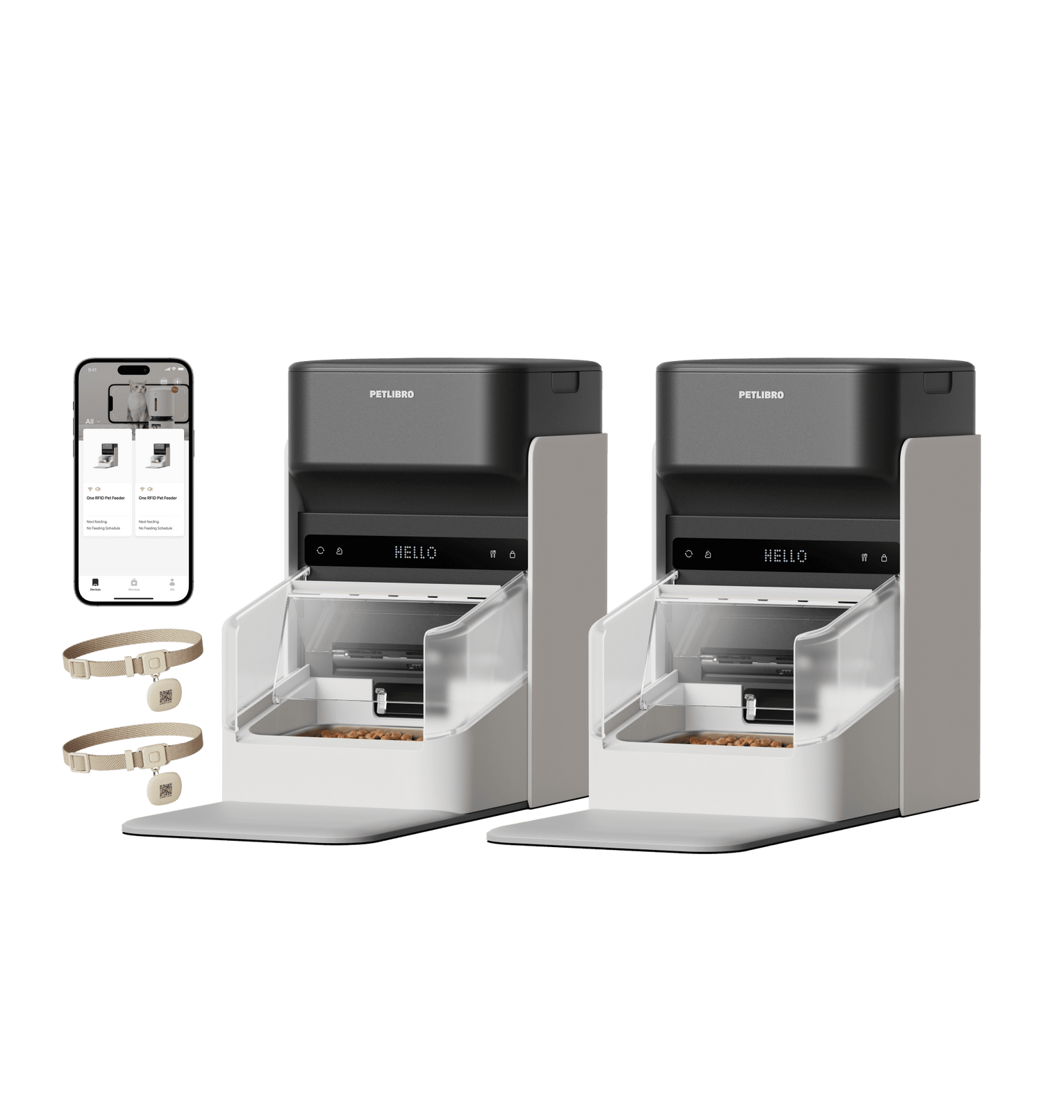 Petlibro smart automatic pet feeders in gray and white with app control and RFID pet collars for portioned feeding