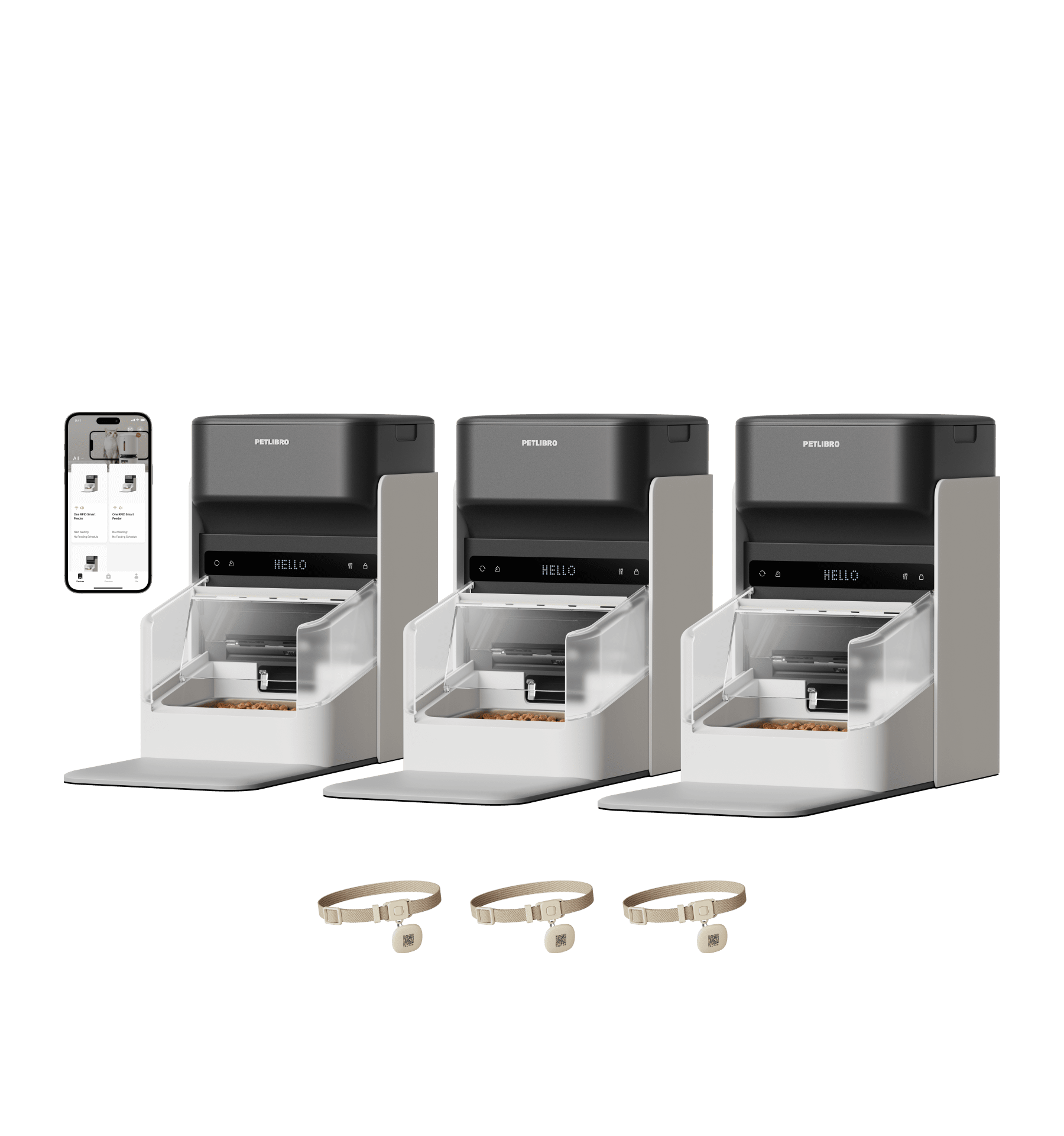 Petlibro automatic smart pet feeders in gray and white with clear food compartments, three beige pet collars, and a smartphone app display