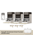 Petlibro automatic feeder set in sleek gray and white, featuring smart controls. Includes Dockstream Smart Fountain as a free gift.