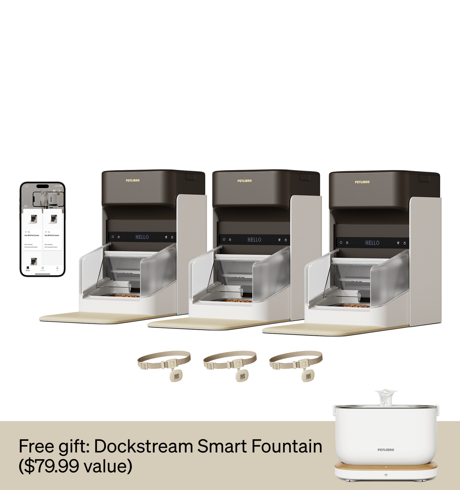 Petlibro automatic feeder set in sleek gray and white, featuring smart controls. Includes Dockstream Smart Fountain as a free gift.