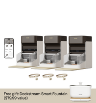 Petlibro automatic feeder set in sleek gray and white, featuring smart controls. Includes Dockstream Smart Fountain as a free gift.